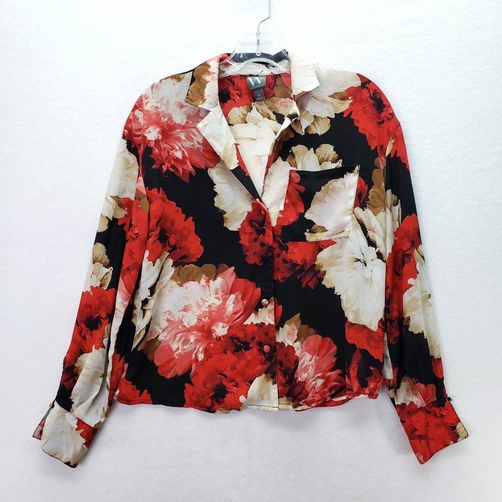 Worthington Blouse Womens XS Red Floral Print Long Sleeve Button Up Shirt Career